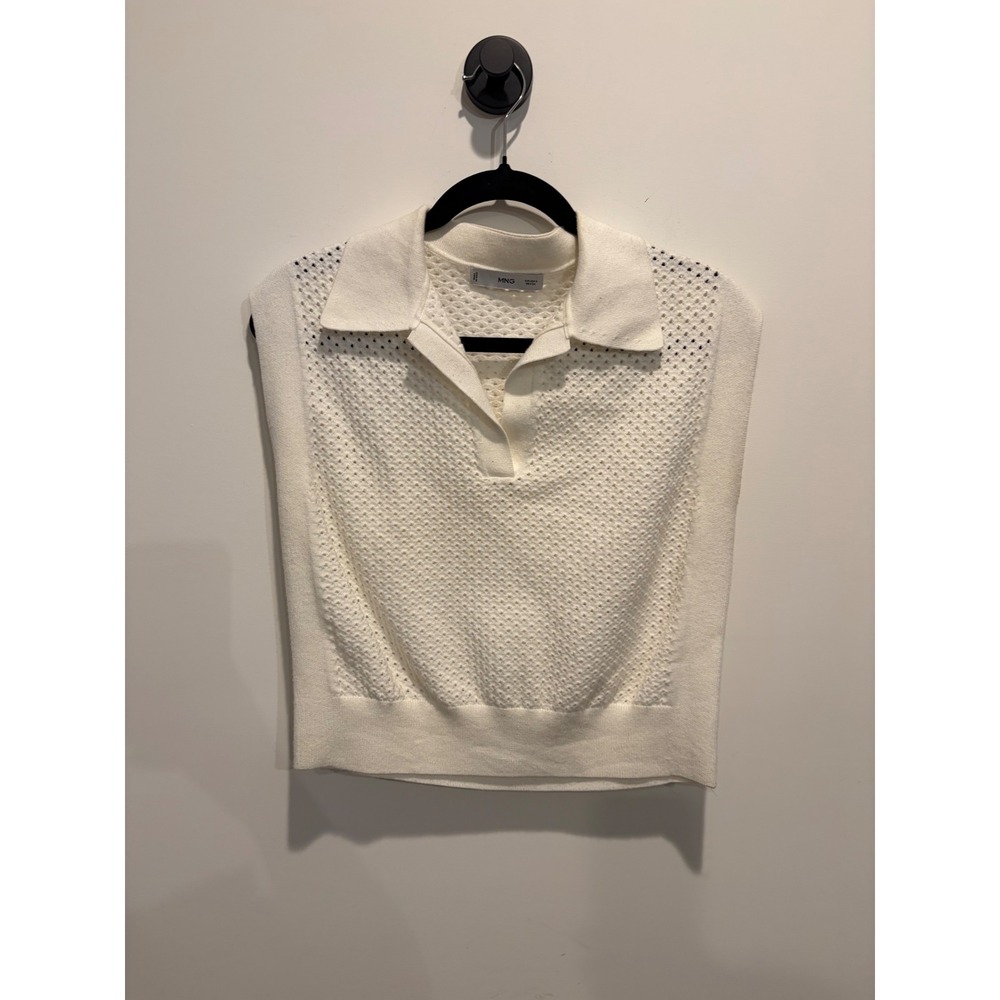 Mango MNG Ivory Pointelle Knit Sleeveless Polo Sweater Top Small